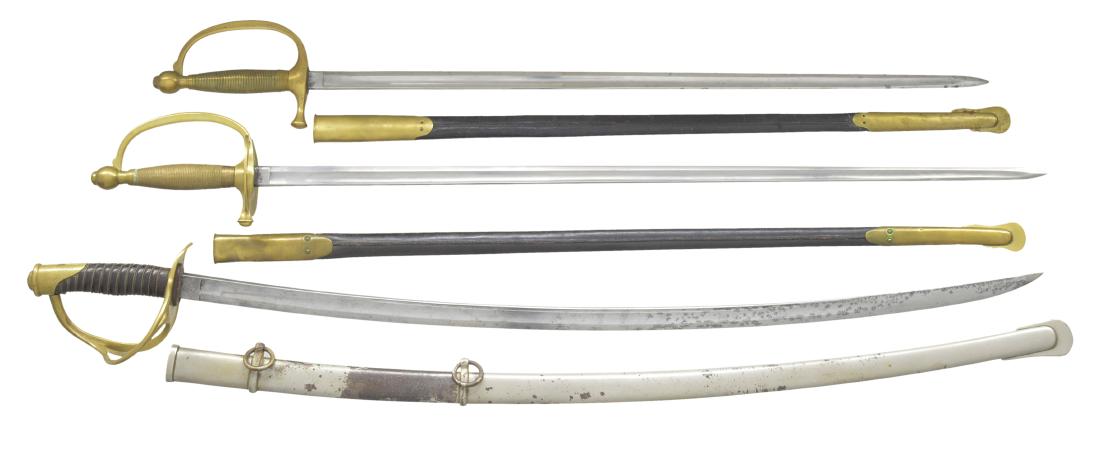 3 US CIVIL WAR ERA SWORDS.: 1) M1860 CAVALRY SABER BY ROBY. Overall length: 41 3/4". Blade length: 34 3/4". Blade is marked "C. ROBY W. CHELMSFORD MASS" on 1 side & "U.S 1865 A.G.M" on the other. Brass hilt. Wire wrapped leather