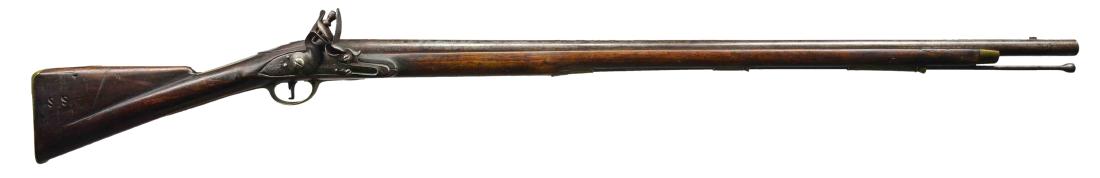 CIRCA 1779 EAST INDIA COMPANY FLINTLOCK FUSIL.: Cal. 76. NSN. Bbl. 38 1/2". Bbl. has a bayonet stud/sight on the top of the bbl. Bbl. is profusely proofed around the breech. Proofs include but are not limited to "*/RW" for Robert Wilson & "4 VEIC (