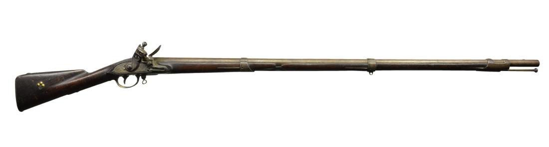 RARE MODEL 1795 SPRINGFIELD FLINTLOCK MUSKET.: Cal. 69. NSN. Bbl. 44 1/2" w/ bayonet lug on top, iron furniture, three bands & dbl. strap front band w/ integral sight. Original ramrod. Left side of breech is marked "P" / Eagle Head / "V" & top is