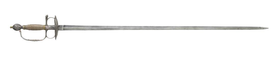 EARLY RAPIER & LEATHER BOARDING HELMET.: 1) EARLY RAPIER. Overall length: 41 5/8". Blade length: 33 13/16". Plain dbl. edged blade w/ central medial ridge. Steel hilt featuring a swirl decorated guard, lg. Pas d'ane , swirled quillon, knuckl