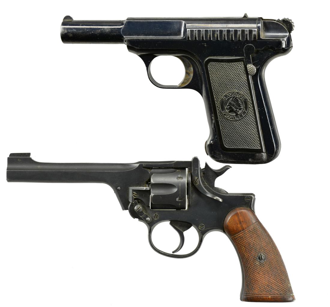 2 HANDGUNS BY SAVAGE AND ENFIELD.: 1) SAVAGE MODEL 1907 SEMI AUTO PISTOL. Cal. 32 ACP. S# 14309. Mfg. 1910-1917 (approx. 259,000 units) w/ 3 13/16" bbl. Gloss blue w/ case colored trigger & mag. release. Rnd. grooved exposed hammer & S