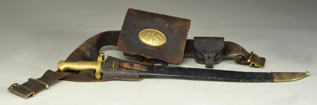 M1855 RIFLEMANS BELT, BAYONET & ACCOUTREMENTS.: This fine original group of scarce Civil War accoutrements features a M1855 rifleman's belt. The belt retains all associated brass buckles & loops. Group further includes a M1855 rifleman's bayonet & 