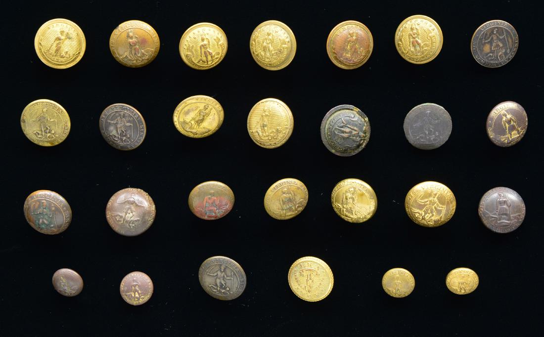 27 CIVIL WAR & POST WAR VIRGINIA BUTTONS.: Nonexcavated buttons in this group consist of 2 VA4 buttons w/ Canfield back marks, 1 VA4 button w/ RMDC Horstman back mark, 1 pushed VA5 button w/ Smith back mark, 1 VA7 button w/ Smith back mark, 1 
