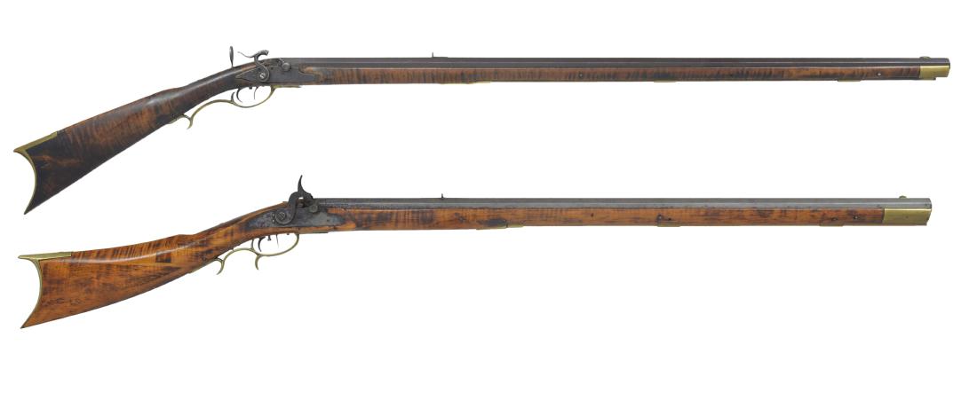 2 NATHANIEL HERRON FULL STOCK PERCUSSION RIFLES.: "American Gunsmiths" by Frank M. Sellers states "HERRON, N, Danville, Ohio, Percussion 1/2 stock. (Hutslar)". 1) Cal. approx. 38. NSN. Bbl. 38" oct. Bbl. maker's name "E. REMINGTON" is marked on left 
