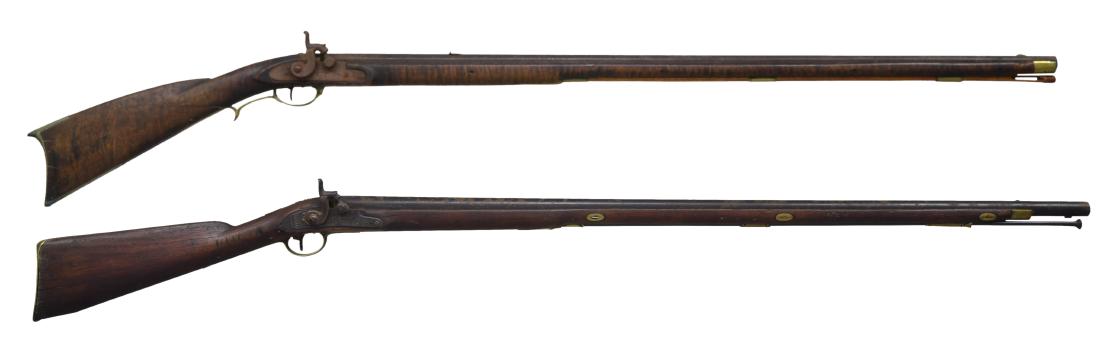 2 ANTIQUE PERCUSSION FULL STOCK MUSKET / FOWLERS.: 1) FULL STOCK PERCUSSION KENTUCKY. Cal. about 54. NSN. Bbl. 38 3/8" octagon w/ smooth bore. Unmarked engraved trade lock. Plain single trigger. Brass blade front sight w/ fixed U notch rear sight. Pin