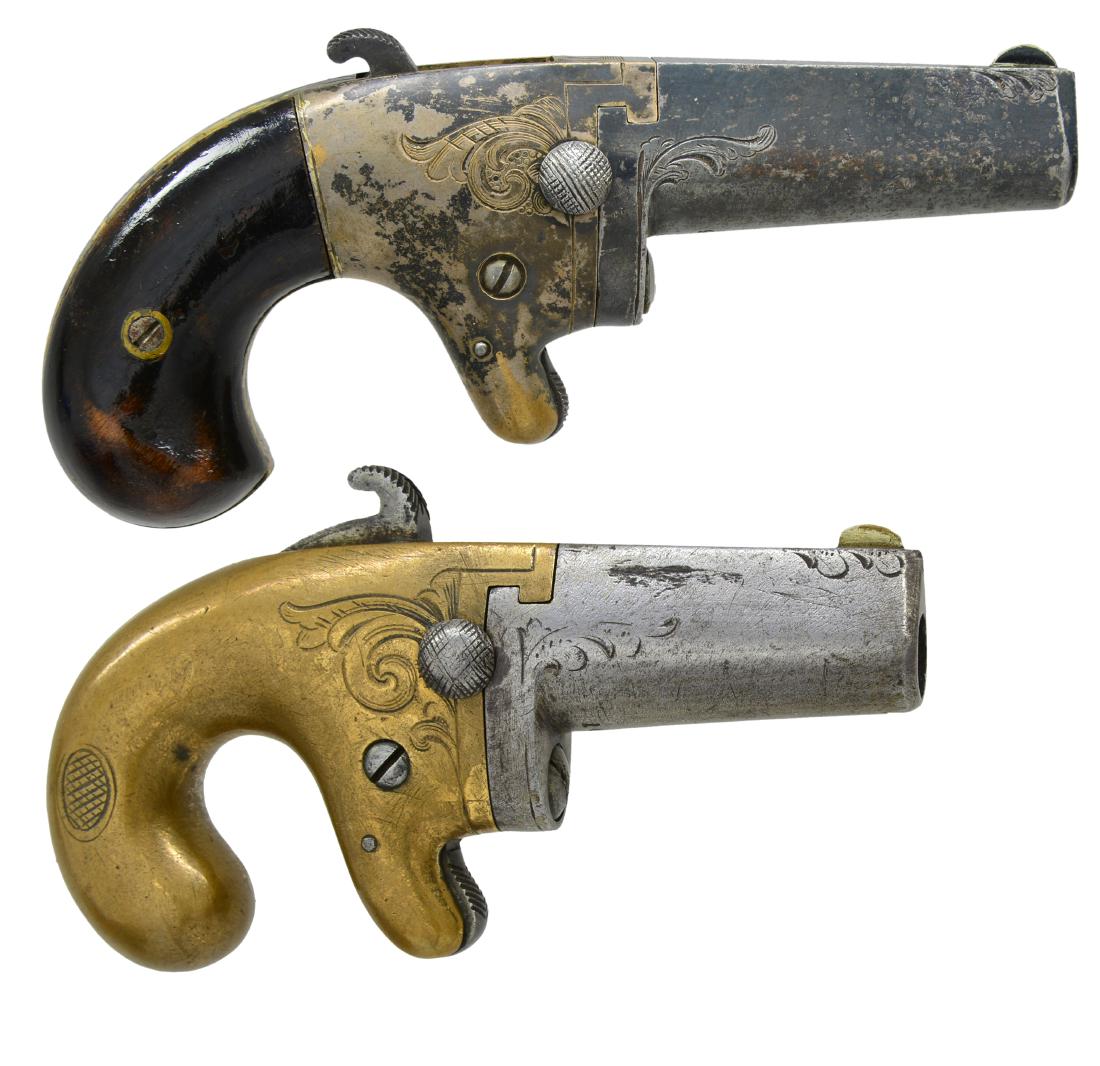 2 NATIONAL ARMS DERRINGERS.: BOTH: Cals. 41 RF. Moore's Patent Firearms Co. was seceded by National Arms Co. in 1865, which was then purchased by Colt Firearms Co. in 1870. 1) NO. 2 DERRINGER. S# 4278. Bbl. 2 1/2". Top flat has s