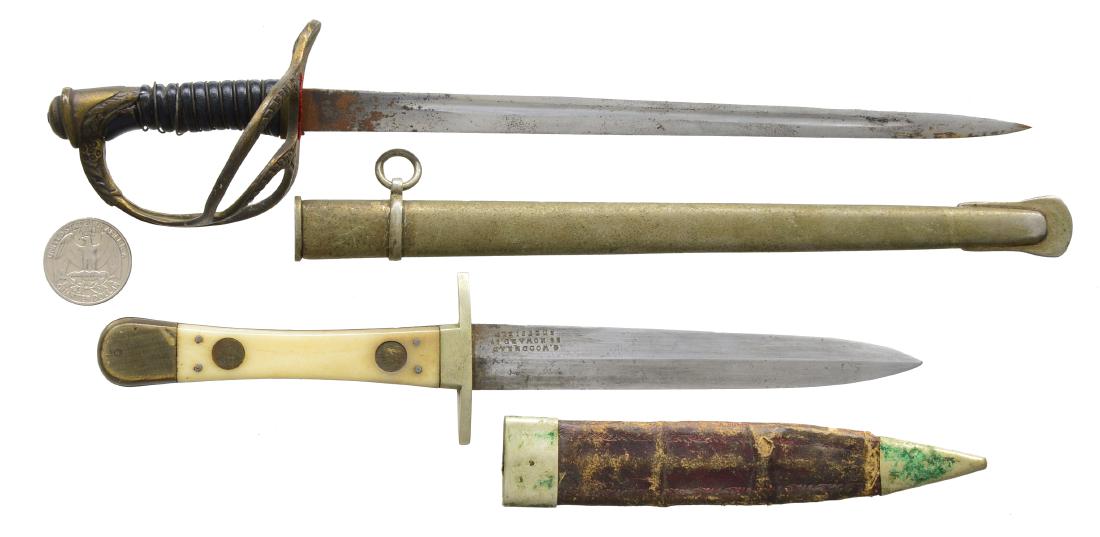 G. WOODMEAD KNIFE & PATTERN 1872 LETTER OPENER.: 1) G. Woodmead dagger w/ 5" blade marked "G. WOODMEAD / 36 HOWARD. S7 / SHEFFIELD", bone handle retained by 4 sm. pins & 2 large rivets. Silver hilt & brass ends. Simple leather sheath w/ silver trim