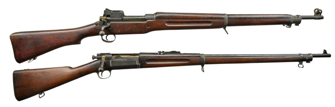 2 BOLT ACTION RIFLES BY WINCHESTER & SPRINGFIELD.: 1) WINCHESTER MODEL 1917. Cal. 30-06. S# 93435. Bbl. 26". Bolt marked "NS" & "W". Safety marked "E". Receiver marked on left rail w/ flaming bomb & sm. encircled 5 pointed star. Marked on top of left