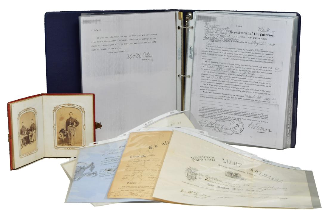 INTERESTING GROUPING OF PHOTOGRAPHS & PAPERS: PERTAINING TO SERGEANT WARREN FRENCH. for his service in the ancient & honorable Artillery Company of Massachusetts, the 11th Massachusetts Independent Battery on active service during the Civil War &