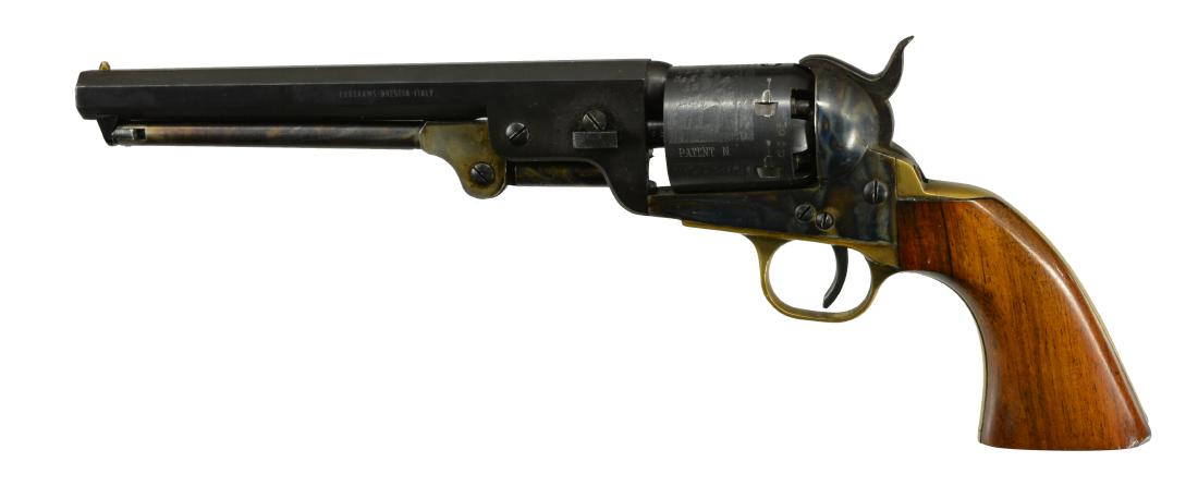 EURO ARMS 1851 NAVY REVOLVER.: Cal. 36. S# 18349. Bbl. 7 1/2". Cone shaped front sight. Left side of bbl. is marked "Euro Arms-Brescia - Italy".Right flat is marked "36 cal. Navy model, made in Italy". Cyl. is roll engraved w/ Navy