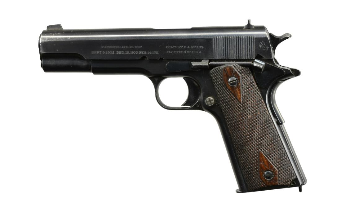 COLT MODEL 1911 COMMERCIAL SEMI AUTO PISTOL.: Cal. 45 ACP. S# C3047. Mfg. 1912 (1912-1925) w/ C prefix S# & right front of dust cover marked "GOVERNMENT MODEL". Left front trigger bow VP proofed plus unreadable mark on bow by mag. release; no rig