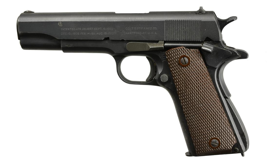 COLT MODEL 1911A1 LEND LEASE SEMI AUTO PISTOL.: Cal. 45 ACP S# No 1637749. Mfg. 1944. Wide serrated ramp front sight. Flat top rear sight w/ square notch. Wide spur checkered hammer. Long tang grip safety w/ proper bevel. Arched serrated mainspring