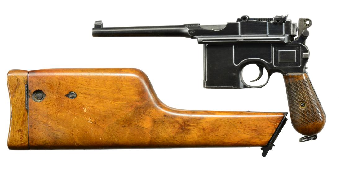 MAUSER WARTIME COMMERCIAL MODEL 1896 SEMI AUTO: PISTOL. Cal. 30 Mauser. S# 298057. Early war time production w/in appropriate 290,000 to 440,000 S# range. Matching numbers on all visible parts including NS (New Safety) hammer plus floorplate & grip