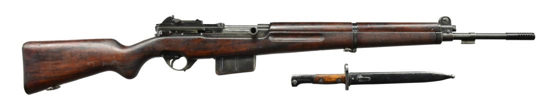 VENEZUELAN CONTRACT FN MODEL 49 SEMI AUTO RIFLE.: Cal. 7mm Mauser. S# 1039. Bbl. 24 5/8" including flash suppressor. Receiver marked on top w/ Venezuelan Crest. Receiver markings include "FABRIQUE NATIONAL". Tangent aperture rear sight graduated to 1