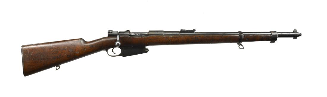 BELGIAN 1889 BOLT ACTION CARBINE.: Cal. 7.65 Mauser. S# J4823. Bbl. 21 5/8". All visible numbers match except front sight. Receiver is marked on left side of ring w/ Belgian proofs. Receiver ring marked on top "FABRIQUE NATIONALE HERST