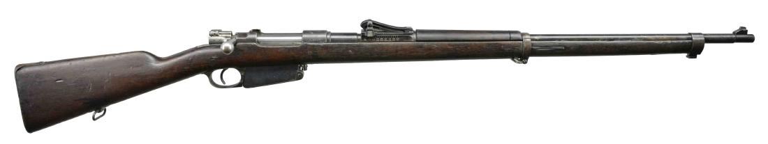 1891 PERUVIAN MAUSER BOLT ACTION RIFLE.: Cal. 7.65 Mauser. S# W5384. Bbl. 29 1/4". Numbers match on receiver & bolt. 1891 Mauser mfg. by DWM & sold to Peru. Rifles were returned to Germany where crest was changed from Argentine to Peruvian. 