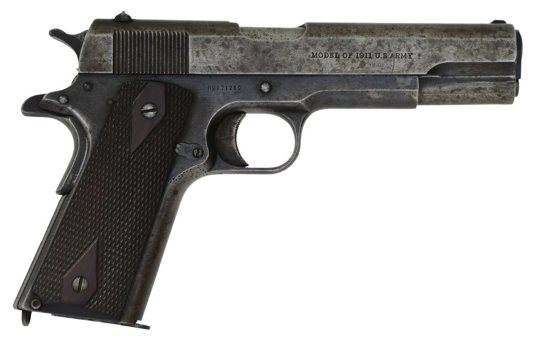 COLT MODEL 1911 SEMI AUTO PISTOL.: Cal. 45 ACP. S# 171280. Extra wide flat top modified flat top front sight. Rear sight is heavily modified crude notch. Flat sided checkered hammer. Long tang grip safety. Serrated mainspring housing. 