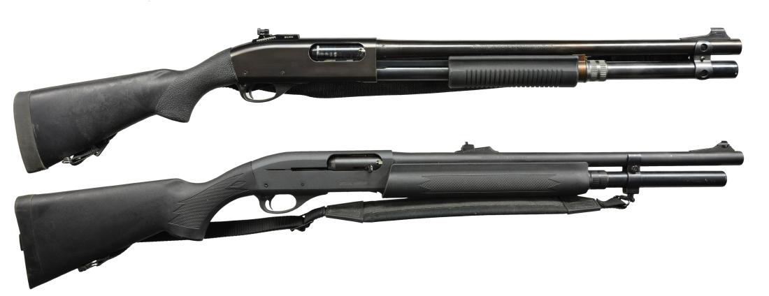 2 MODERN REMINGTON SHOTGUNS.: 1) MODEL 870 EXPRESS PUMP SHOTGUN. Cal. 12 Ga., 3". S# X194704M. Bbl. 20". Receiver marked "Remington 870 Express". Bbl. markings include "12 GAUGE 2 3/4 or 3" SHELLS IMP. CYL.". William aperture rear