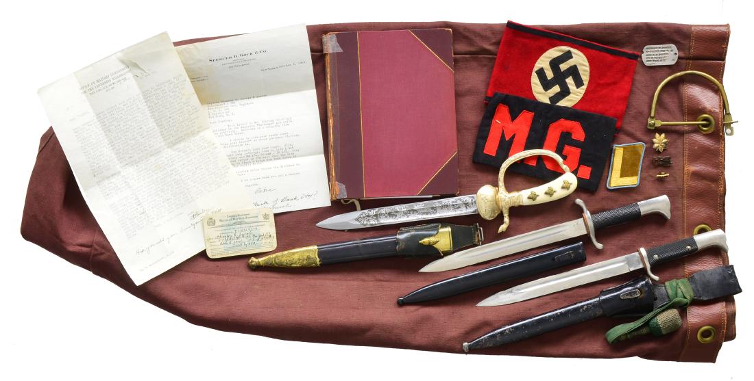 3 WWII GERMAN EDGED WEAPONS, SS ARMBAND & MORE.: 1) ARMY DRESS BAYONET. Overall length: 15 7/8". Blade is marked "E. PACK & SOHNE SOLINGEN (logo)". Plated guard & pommel. 2 Piece black composite grips. Red felt in bayonet lug channel. Black enameled