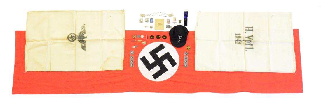 WWII GERMAN SS CAP & OTHER MILITARIA.: 1) SS CAP. A black wool M43 style hat of late war mfg. 2 Button front w/ pebble finished aluminum buttons. Trapezoidal SS eagle & death's head sewn on insignia. Insignia is of a type known to have bee
