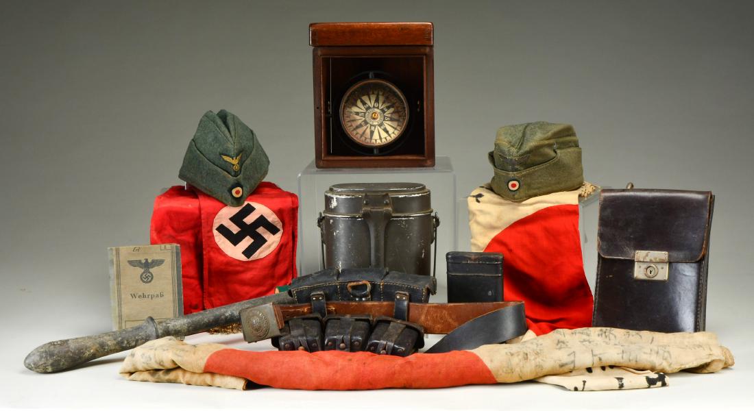 WWII GERMAN & JAPANESE MILITARIA.: 1) WWII GERMAN COAST ARTILLERY OVERSEAS CAP. Green wool cap w/ bevo yellow eagle on green & bevo cockade. Interior cotton liner has size stamp "59" & owner's name sewn in. CONDITION: hat shows light w