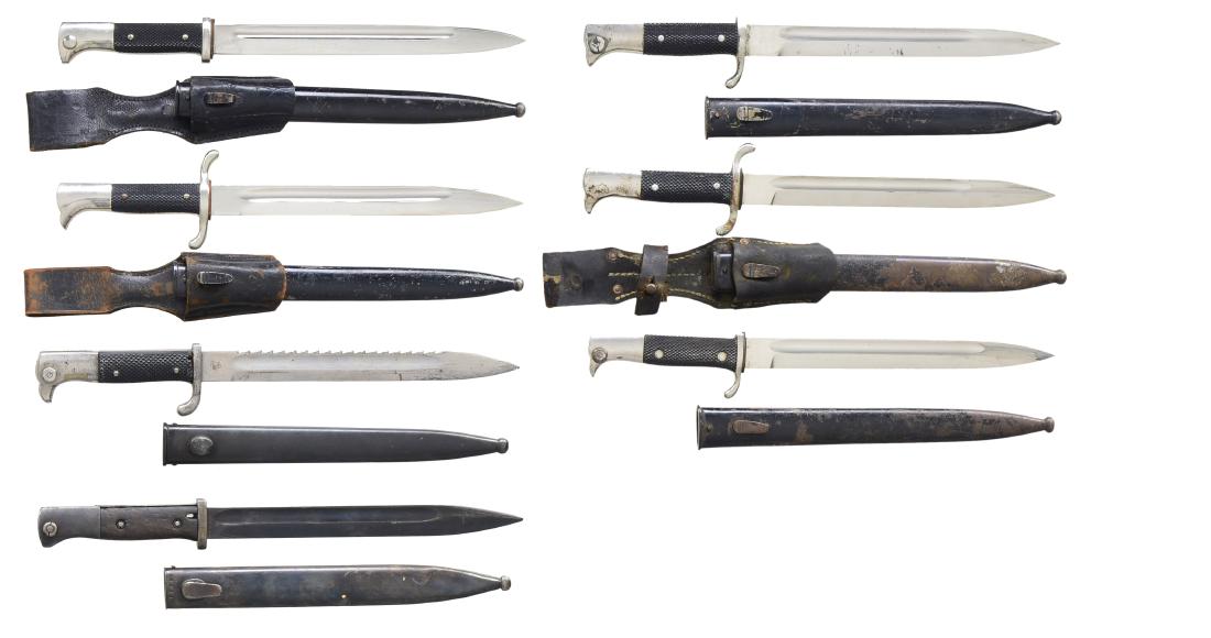 7 WWII GERMAN BAYONETS.: Bayonets are each approx. 15 3/4" in overall length. All have scabbards. Included examples are 1 Firemens dress bayonet by Klass w/ frog. / 1 Firemens dress bayonet by Eickhorn w/ frog. / 1 Army dress