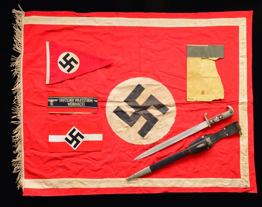 WWII GERMAN POLICE BAYONET, ARMBANDS, FLAG &: PENNANT. 1) POLICE LONG BAYONET & FROG. Overall length: 17 3/4". Bright blade marked "ALEXANDER COPPEL (logo) SOLINGEN" on 1 side & "(logo)" on the other side. Guard is stamped "S.D. VII. 268.". Steel
