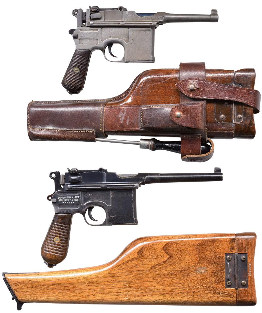 2 MAUSER POST WAR MODEL C96 SEMI AUTO PISTOL RIGS.: BOTH: cal. 7.63 Mauser (30 Mauser). 1) LATE POST-WAR BOLO. S# 690977. Usual features including 3.9" bbl., new safety hammer, crown U proofs, 50/1000 rear sight, 28 groove grips & matching numbers on m
