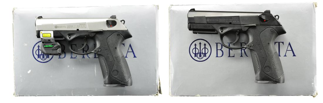 2 BERETTA MODEL PX4 STORM SEMI AUTO PISTOLS.: BOTH: cal 9mm Luger. Polymer frames w/ interchangeable backstraps. Type F indicating conventional DA functioning. Matching numbered slides & bbls. Reversible mag. releases, 3 dot sight sets, extended 