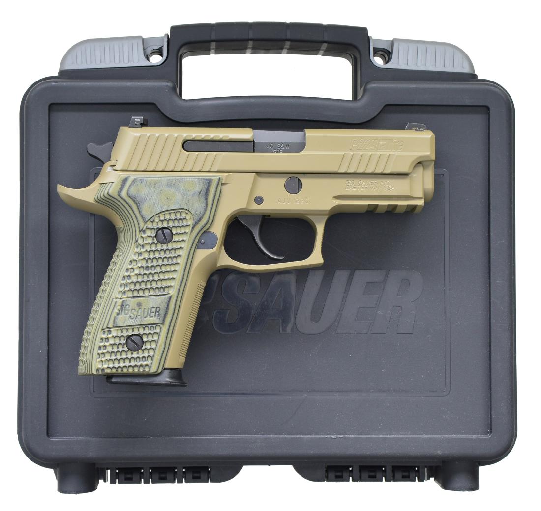 SIG SAUER MODEL P229 SCORPION ELITE SEMI AUTO: PISTOL. Cal. 40 S&W. S# AJU12261. Mfg. 2012-2015 w/ FDE (flat dark earth) finish on DA alloy frame plus stainless slide having front & rear cocking grooves. Siglite night sights, Hogue G10 grips & Sig