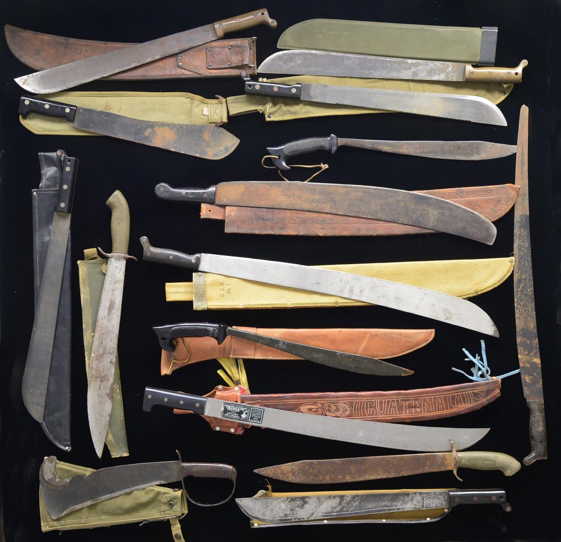 VARIOUS MACHETES AND SIMILAR ITEMS.: (4 w/out sheaths & 1 empty sheath). 1) 14 1/2" Blade w/ moderate to heavy oxidation having bolo type front & black plastic handles retained by 3 brass rivets. Marked "MADE IN SHEFFIELD / ENGLAND". Jap