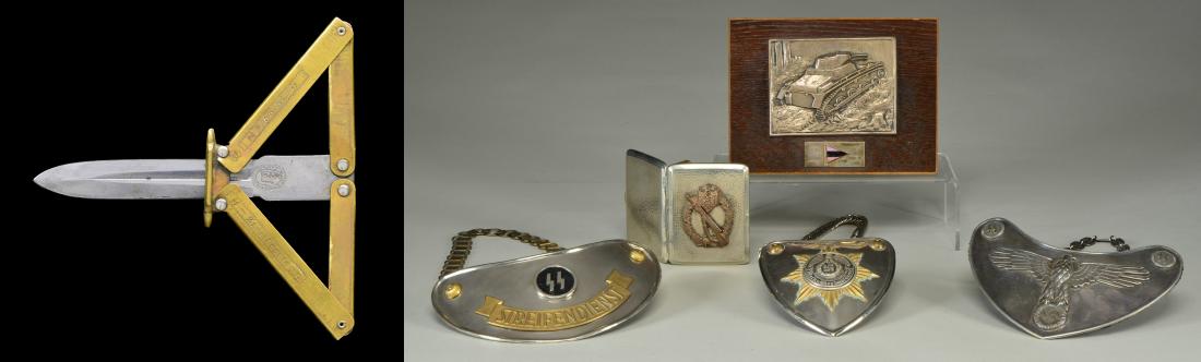 GROUP OF WWII GERMAN ITEMS.: 1) GERMAN WWII FOLDING PARATROOPER DAGGER. RZM & SS marked on brass frame plus Eickhorn blade. Post war mfg. Good overall appearance but missing lock tab. Blade sharpened & cleaned oxidation. (02-1228