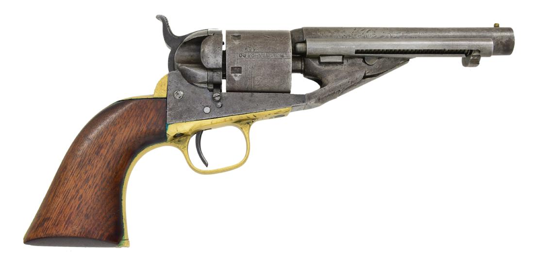 COLT 1861 NAVY CONVERSION REVOLVER.: Cal. 38 CF. S# 8459. Bbl. 5" rnd. w/ ejector & bead sight. 6 Shot rnd. roll engraved cyl. Brass backstrap & trigger guard. 1 Piece walnut grip. Frame, bbl., cyl., grip straps & loading gate have match