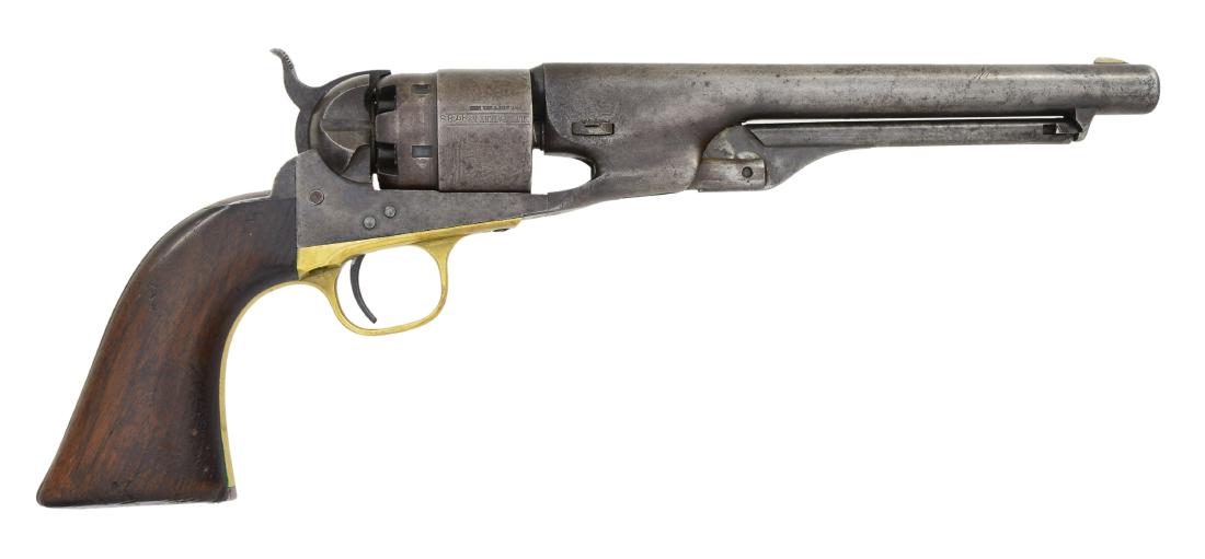 COLT 1860 ARMY U.S. MARKED REVOLVER.: Cal. 44. S# 33783. Bbl. 8" rnd. 6 Shot rebated roll engraved cyl. Brass trigger guard. 1 Piece walnut grip retains faint traces of cartouche. Right side has hand carved marking "44". Frame, bbl., grip
