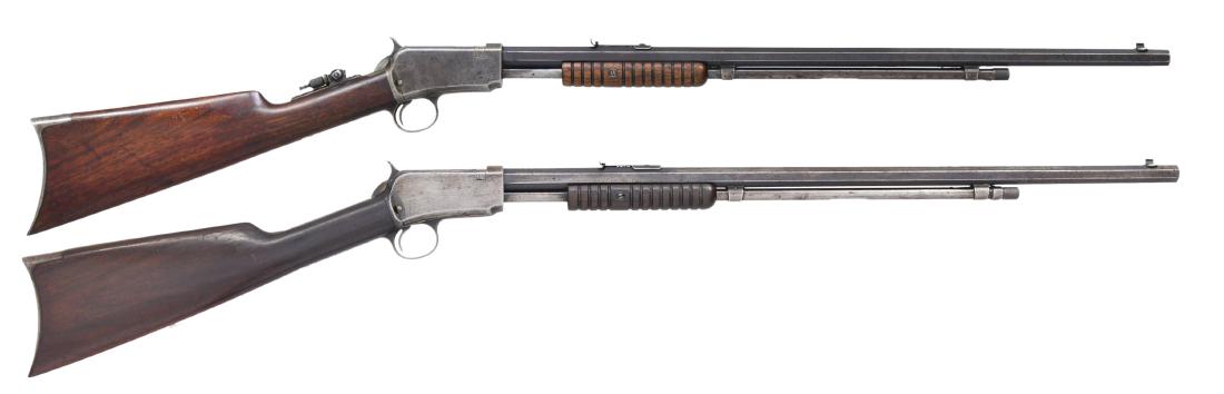 2 WINCHESTER 1890 THIRD MODEL PUMP RIFLES.: ALL: cal. 22 WRF. Bbls. 24" oct. w/ sporting sights. 1) S# 438782A. Added combination tang sight. Grooved walnut pump handle & straight grip stock w/ crescent steel buttplate. CONDITION: bbl. retains 