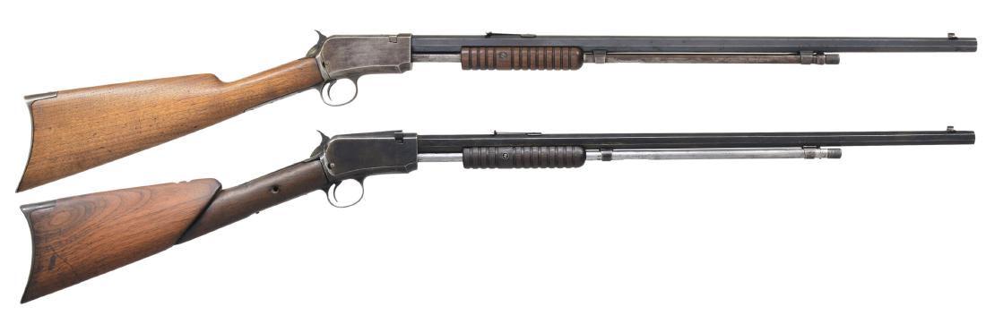 2 WINCHESTER 1890 THIRD MODEL PUMP RIFLES.: ALL: cal. 22 Short. Bbls. 24" oct. w/ sporting sights. 1) S# 542431A. Grooved walnut pump handle & straight grip stock w/ crescent steel buttplate. CONDITION: bbl. retains 70% dull faded blue. Action 