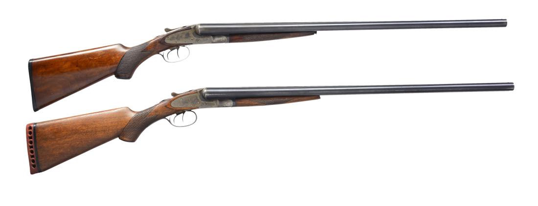 2 LC SMITH FIELD GRADE SXS SHOTGUNS: 1) Cal. 12 Ga. S# 349337R. Bbls. 28" w/ matted solid rib. Right bbl. over chamber marked "L.C. SMITH FIELD GRADE". Left bbl. marked "HUNTER ARMS CO. MF,R,S FULTON, N.Y.". Checkered splinter forend. Bo