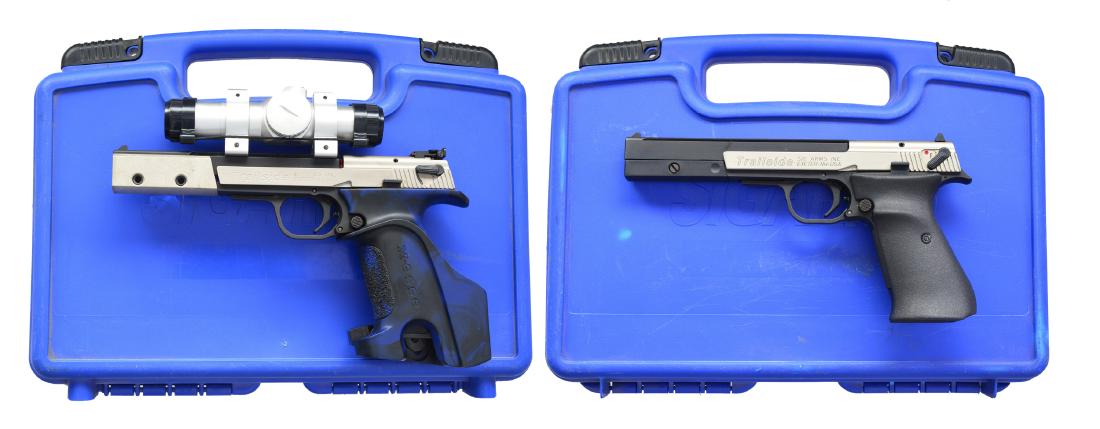 2 SIG SAUER / HAMMERLI TRAILSIDE SEMI AUTO: PISTOLS. 1) COMPETITION. Cal. 22 LR. S# E0055470. Bbl. 6" weighted. Adj. rear sights. ADCO red dot sight. Two toned finish. XESSE anatomical stipple blue target grip. MAG: 3 - 10 rd. UNATTACHED ACCESS