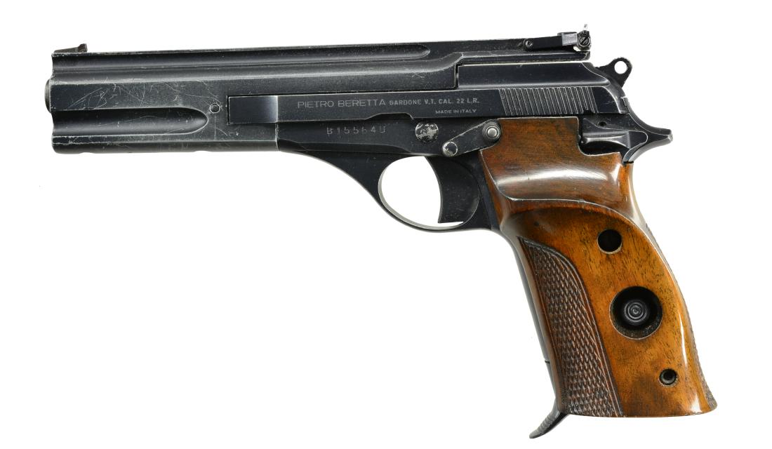 BERETTA MODEL 76-W PISTOL.: Cal. 22 LR. S# B15564U. Mfg. 1980 (discontinued 1983) w/ 6" bbl. having grooved rib w/ squared front sight & adj. rear. Checkered right handed thumb rest, walnut grips. MAGS: 1 very good factory 11 rd
