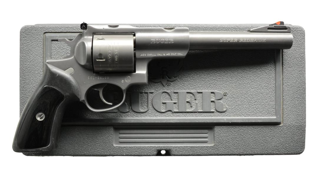 RUGER SUPER REDHAWK REVOLVER.: Cal.454 Casull / 45 LC. S# 551-64199. Bbl. 7 1/2". Mfg. 2000 w/ target gray stainless finish. Unfluted cyl. Top strap factory machined for Ruger scope rings. Interchangeable red ramp front sight blade