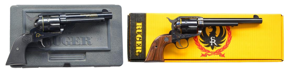 2 RUGER VAQUERO REVOLVERS.: 1) NEW MODEL VAQUERO. Cal.45 LC. S# 75DU00134. Bbl. 5 1/2". Mfg. w/ catalog no. NV-445-DU. All blue w/ Ducks Unlimited 75th Anniversary marking on right side of bbl. plus trademarked ducks head on rig