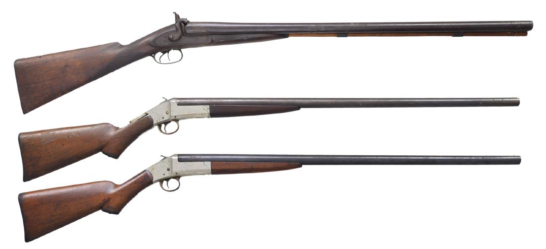 3 SHOTGUNS.: 1) W. RICHARDS PERCUSSION SXS. Cal. 10 Ga. NSN. Bbls. 32" twist steel. Brass bead front sight. Front action locks. Top rib marked "LONDON FINE TWIST". Locks marked "W. RICHARDS". Dbl. triggers. Checke
