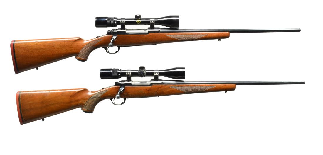 2 RUGER 77 R TANG SAFETY BOLT ACTION RIFLES.: 1) Cal. 30-06. S# 78-31110. Bbl. 22" made w/out sights. Receiver has integral scope bases w/ Ruger rings holding a Bushnell Sportview 3-9X scope w/ duplex reticle. Checkered walnut stock w/ sling swiv