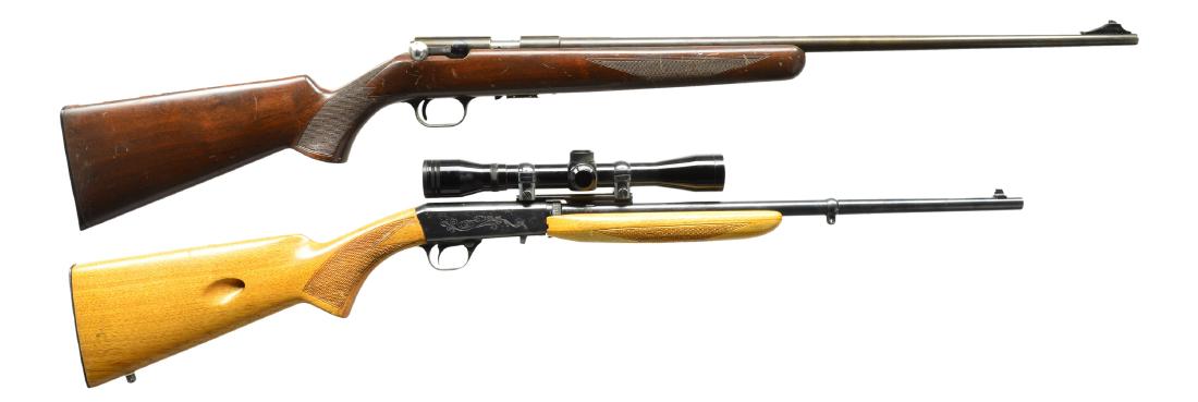 2 RIMFIRE SPORTING RIFLES.: 1) BROWNING T-BOLT. Cal. 22 LR. S# 56117X71. 24" Bbl. marked "MADE IN BELGIUM". Grooved receiver. No provision for rear sight. Blade front sight w/ ramp. Checkered walnut stock. MAGS: detachable 5 rd.