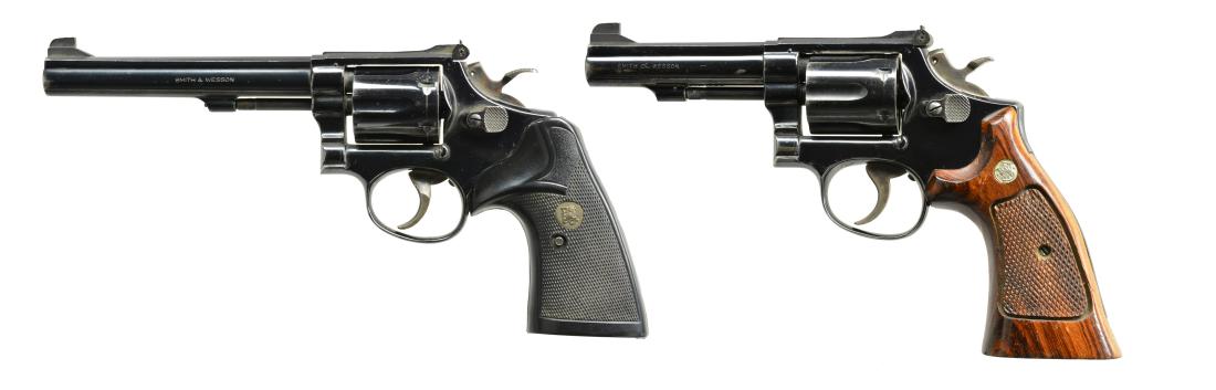2 BLUED SMITH & WESSON MODEL 14 REVOLVERS.: BOTH: Cal. 38 Spl. Pinned bbls. w/ patridge front sights & Micrometer rears. Case colored triggers & hammers. 1) MODEL 14-3. S# 5K29423. Mfg. 1973 w/ 6" bbl., Pachmayr Signature grips plus target trig