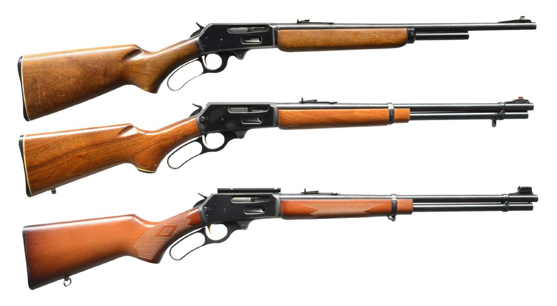3 MARLIN RIFLES.: 1) MODEL 336 SC. Cal. 35 Rem. S# G2681. Bbl. 20". Ramp front. Adj. rear. 2/3 Magazine. Receiver has knurling down the top. Beavertail style forend w/ nose piece. Pistol grip stock w/out grip cap. Blac