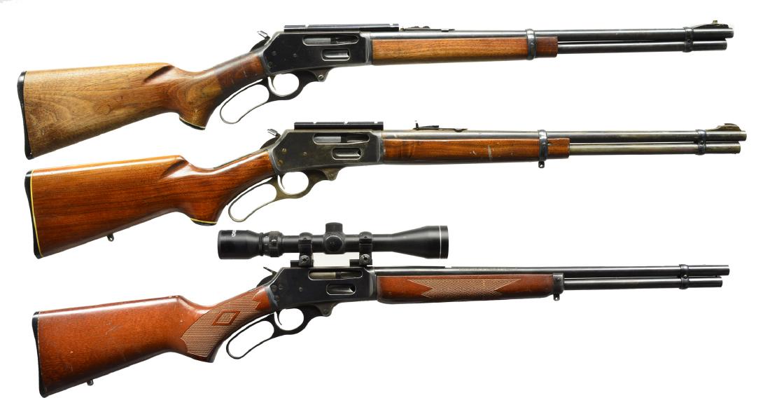 3 MARLIN MODEL 336 LEVER ACTION RIFLES.: 1) Cal. 30-30. S# T 7532. Bbl. 20" markings include "MARLIN FIREARMS CO", "MODEL 336", "R.C. Cal. 30-30", "Micro-groove" & "JM". Drilled & tapped for receiver sight. Weaver scope base. Hammer extensio