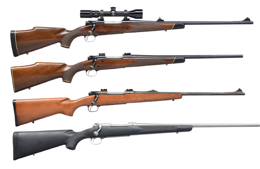 4 WINCHESTER MODEL 70 BOLT ACTION RIFLES.: 1) Cal. 7mm Rem. Mag. S# G1030787. Bbl. 24". Ramp front w/ dovetail bead sight. Adj. rear sight. Left side of bbl. marked "WINCHESER MODEL 70 - 70M/M REM. MAGNUM MADE IN NEW HAVEN, CONN. U.S.A. WINCHE