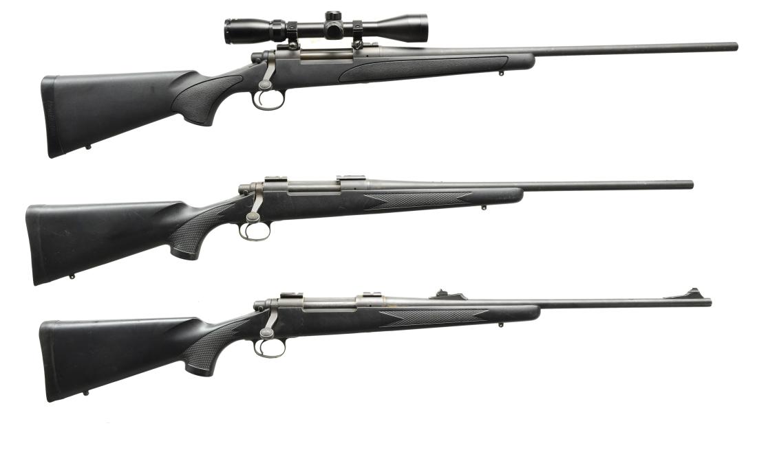 3 REMINGTON MODEL 700 BOLT ACTION RIFLES.: 1) Cal.3 0-06. S# RR76999F. 24" Bbl. marked "REMINGTON MODEL 700 30-06 SPRG". Unmarked 3-9X40 scope w/ duplex reticle. No provision for iron sights. Black composite stock w/ blind mag. CONDITION: stoc