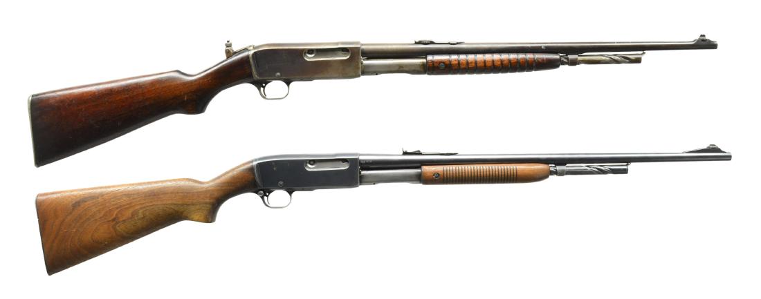 2 REMINGTON PUMP RIFLES.: 1) MODEL 14. Cal. 32 Rem. S# C62518. Bbl. 22". Integral dovetail ramp front. Adj. rear w/ tang peep sight. 12 Ring forend. Pistol grip stock w/ metal Remington UMC buttplate. CONDITION: bbl. has good 